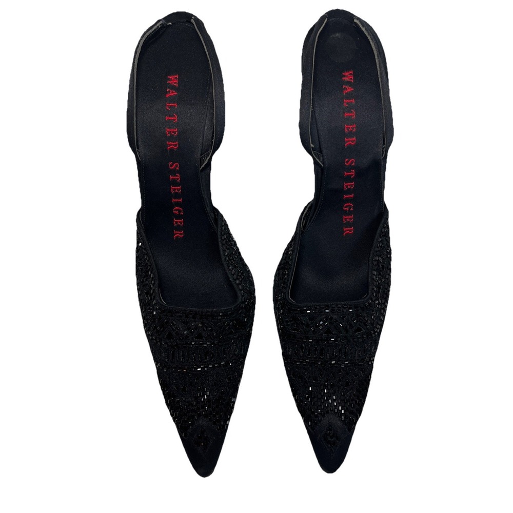 Walter Steiger NWOB Black Beaded Sling Back Stiletto Heels Size 8.5‎ B